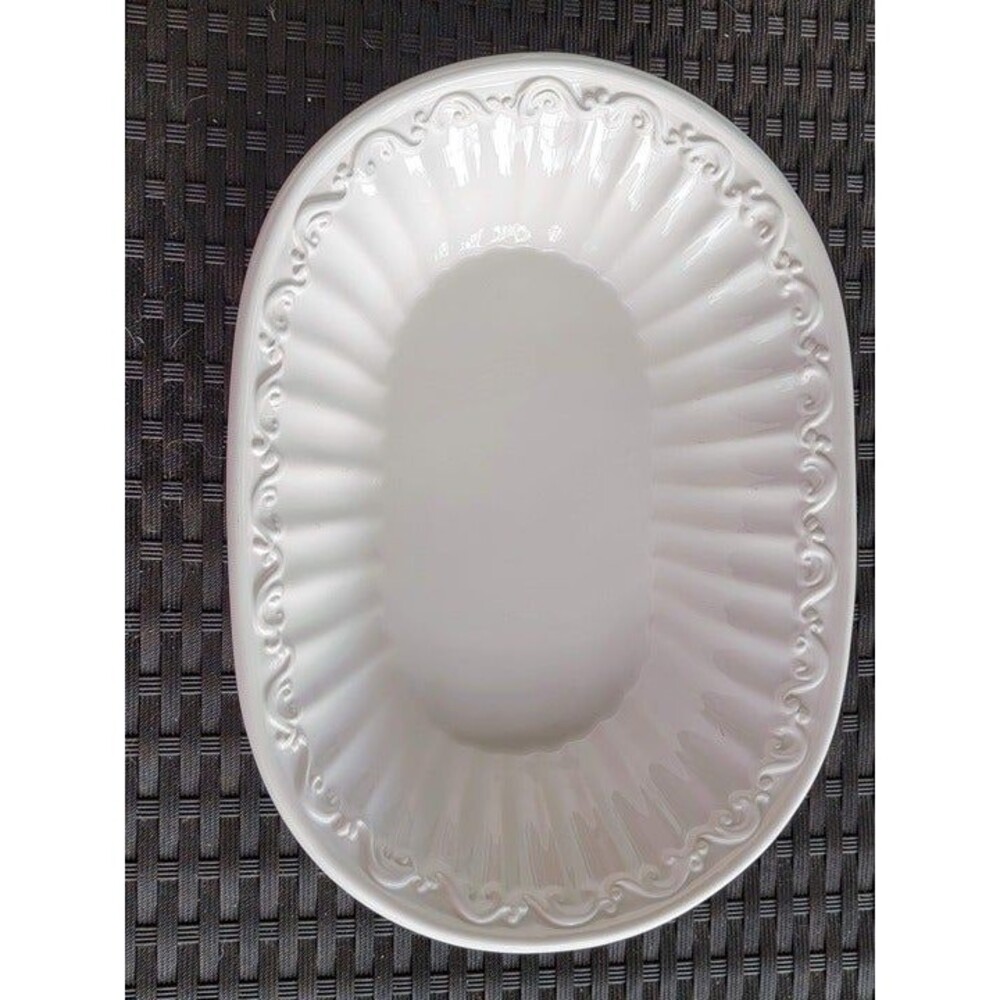 Hand Made 14 x 10" Italian White Ceramic Fluted Oblong Bowl with Scroll Design